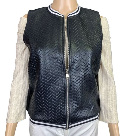 Vintage Alexandra Collection Womens Vest Faux Leather Chevron Black White Small - Picture 6 of 12